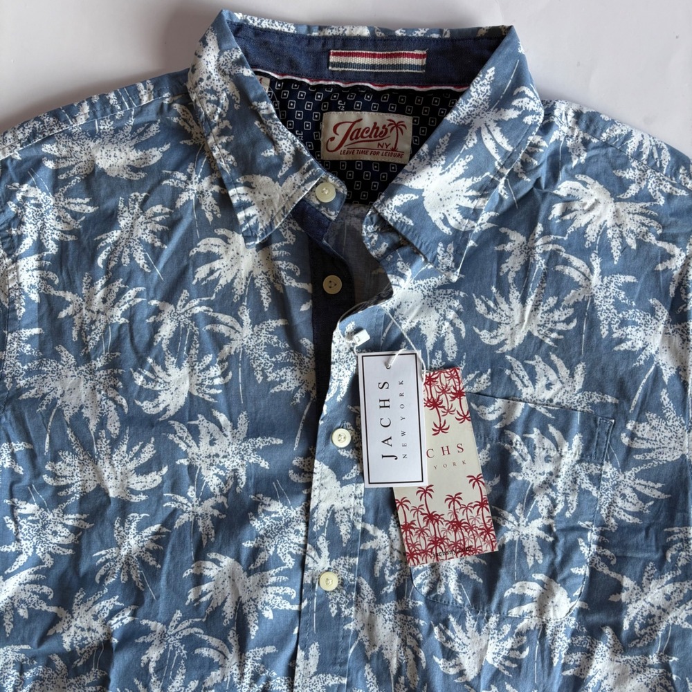 Jachs NY Mens Med Blue White Palm Tree Print Short Sleeve Button Down Shirt NWT